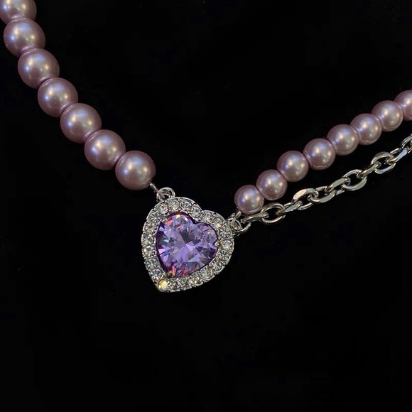 NEW Purple Pearl Heart Pendant Necklace Choker - Picture 4 of 5